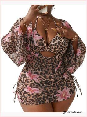 Women's Plus Size 3 Piece Bikini Set Halter Triangle Top Cheeky Bottom Cover Up